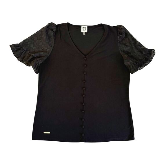 Anne Klein Black Sheer Sleeve V-Neck Blouse Womens Size M - Picture 1 of 8